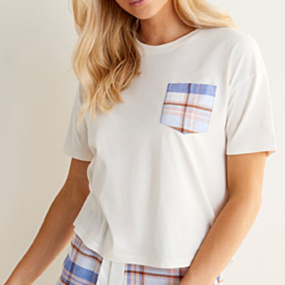 Off white and blue organic cotton winter pattern plaid pocket tee NWT - Picture 1 of 8